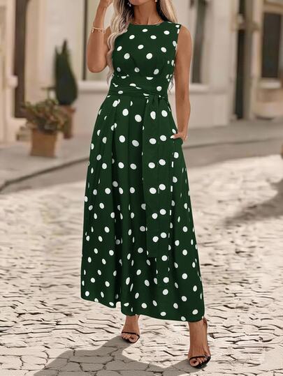 Editum Women's Floral Print Round Neck Waist Tie Pocket Sleeveless Loose Casual Polka Dot Dress, Summer,Summer Dresses For Women