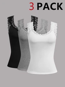 Calvaya Plus Size Women Solid Color Contrast Lace Round Neck Casual Tank Top For Summer - Multicolor - View 1