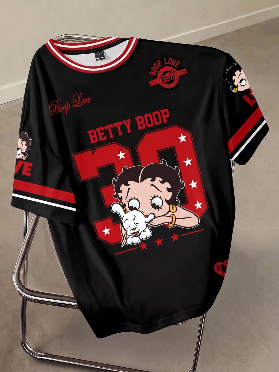 Betty Boop x SHEIN Women's Letter Cartoon Print Round Neck Short Sleeve Casual T-Shirt - White - View 1