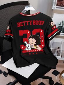 Betty Boop x SHEIN Women's Letter Cartoon Print Round Neck Short Sleeve Casual T-Shirt - White - View 2