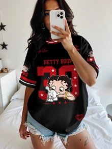 Betty Boop x SHEIN Women's Letter Cartoon Print Round Neck Short Sleeve Casual T-Shirt - White - View 6