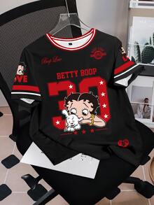 Betty Boop x SHEIN Women's Letter Cartoon Print Round Neck Short Sleeve Casual T-Shirt - White - View 4