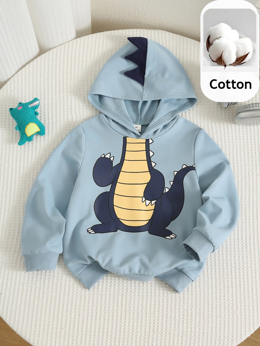 SHEIN Young Boy Cartoon Dinosaur Pattern Soft Knit Hooded Long Sleeve Pullover Sweatshirt In Fall/Winter