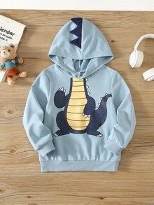 SHEIN Young Boy Cartoon Dinosaur Pattern Soft Knit Hooded Long Sleeve Pullover Sweatshirt In Fall/Winter - Blue - View 6