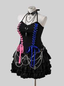 Sunspun Casual Goth Elegant Minimalist Sexy Plus Size Women's Top, Fitted Corset Style With Pink + Blue Satin Ribbon Lace-Up Sides, Halloween Black Summer - Black - View 8