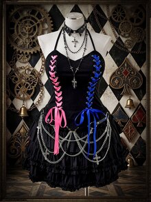 Sunspun Casual Goth Elegant Minimalist Sexy Plus Size Women's Top, Fitted Corset Style With Pink + Blue Satin Ribbon Lace-Up Sides, Halloween Black Summer - Black - View 2