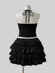Sunspun Casual Goth Elegant Minimalist Sexy Plus Size Women's Top, Fitted Corset Style With Pink + Blue Satin Ribbon Lace-Up Sides, Halloween Black Summer - Black - View 3