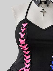 Sunspun Casual Goth Elegant Minimalist Sexy Plus Size Women's Top, Fitted Corset Style With Pink + Blue Satin Ribbon Lace-Up Sides, Halloween Black Summer - Black - View 5
