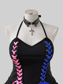 Sunspun Casual Goth Elegant Minimalist Sexy Plus Size Women's Top, Fitted Corset Style With Pink + Blue Satin Ribbon Lace-Up Sides, Halloween Black Summer - Black - View 6