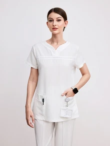 PopScrub 女士短袖双口袋护士衬衫，手术服上衣 - 白色 - 查看 1