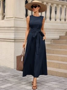 Editum Women's Elegant Casual Waist-Cinching Slimming Linen-Feel Tie-Waist Pocket Dress Suitable For Daily Commute Teacher Office Vacation Navy Blue Autumn - Navy Blue - View 5