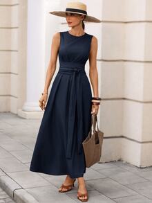 Editum Women's Elegant Casual Waist-Cinching Slimming Linen-Feel Tie-Waist Pocket Dress Suitable For Daily Commute Teacher Office Vacation Navy Blue Autumn - Navy Blue - View 8