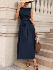 Editum Women's Elegant Casual Waist-Cinching Slimming Linen-Feel Tie-Waist Pocket Dress Suitable For Daily Commute Teacher Office Vacation Navy Blue Autumn - Navy Blue - View 7