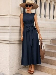 Editum Women's Elegant Casual Waist-Cinching Slimming Linen-Feel Tie-Waist Pocket Dress Suitable For Daily Commute Teacher Office Vacation Navy Blue Autumn - Navy Blue - View 4
