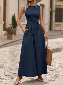 Editum Women's Elegant Casual Waist-Cinching Slimming Linen-Feel Tie-Waist Pocket Dress Suitable For Daily Commute Teacher Office Vacation Navy Blue Autumn - Navy Blue - View 2