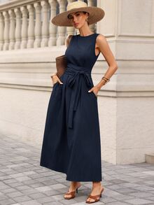 Editum Women's Elegant Casual Waist-Cinching Slimming Linen-Feel Tie-Waist Pocket Dress Suitable For Daily Commute Teacher Office Vacation Navy Blue Autumn - Navy Blue - View 6