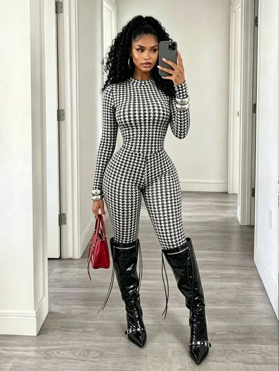 BamGleam White Animal Print Vintage Sexy Classic Houndstooth Print Slim Fit Long Sleeve T-Shirt + Slimming Long Pants Casual Daily Outfit Set Night Out Autumn