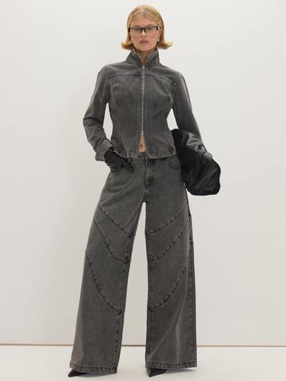 MUSEYN Grey Washed Denim Wide Leg Seam Detail Jeans