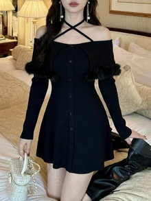 FRIFUL Women's Solid Color Patchwork Faux Fur Off-Shoulder Criss-Cross Halter Neck Elegant Sexy Dress Halloween Date Night Night Out Black Winter Fall - Black - View 1