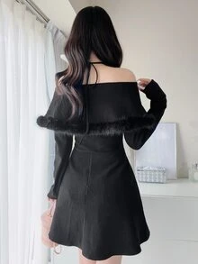 FRIFUL Women's Solid Color Patchwork Faux Fur Off-Shoulder Criss-Cross Halter Neck Elegant Sexy Dress Halloween Date Night Night Out Black Winter Fall - Black - View 2