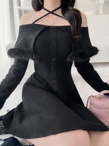 FRIFUL Women's Solid Color Patchwork Faux Fur Off-Shoulder Criss-Cross Halter Neck Elegant Sexy Dress Halloween Date Night Night Out Black Winter Fall - Black - View 6