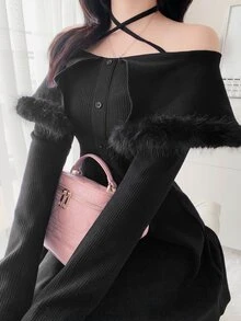FRIFUL Women's Solid Color Patchwork Faux Fur Off-Shoulder Criss-Cross Halter Neck Elegant Sexy Dress Halloween Date Night Night Out Black Winter Fall - Black - View 8