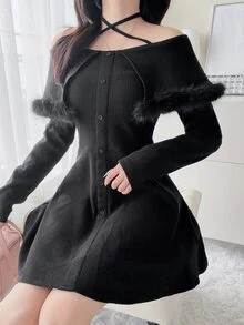 FRIFUL Women's Solid Color Patchwork Faux Fur Off-Shoulder Criss-Cross Halter Neck Elegant Sexy Dress Halloween Date Night Night Out Black Winter Fall - Black - View 4