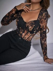 Allurite Sweetheart Neckline Lace Bodysuit Fall Cloth For Women - Black - View 9