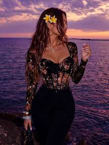 Allurite Sweetheart Neckline Lace Bodysuit Fall Cloth For Women - Black - View 7