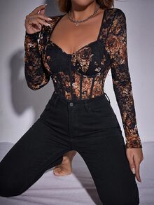 Allurite Sweetheart Neckline Lace Bodysuit Fall Cloth For Women - Black - View 5