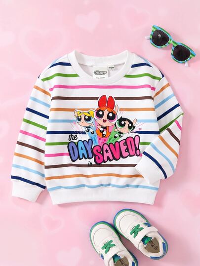THE POWERPUFF GIRLS X SHEIN 女婴休闲条纹卡通图案圆领卫衣，秋季款