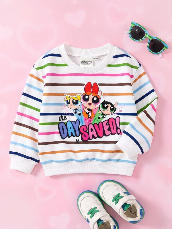 THE POWERPUFF GIRLS X SHEIN 女婴休闲条纹卡通图案圆领卫衣，秋季款