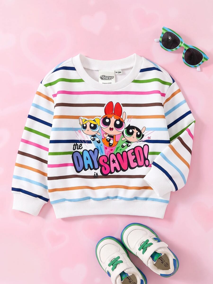 THE POWERPUFF GIRLS X SHEIN 女婴休闲条纹卡通图案圆领卫衣,秋季款 - 白色 - 查看 1