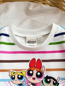 THE POWERPUFF GIRLS X SHEIN 女婴休闲条纹卡通图案圆领卫衣，秋季款 - 白色 - 查看 4
