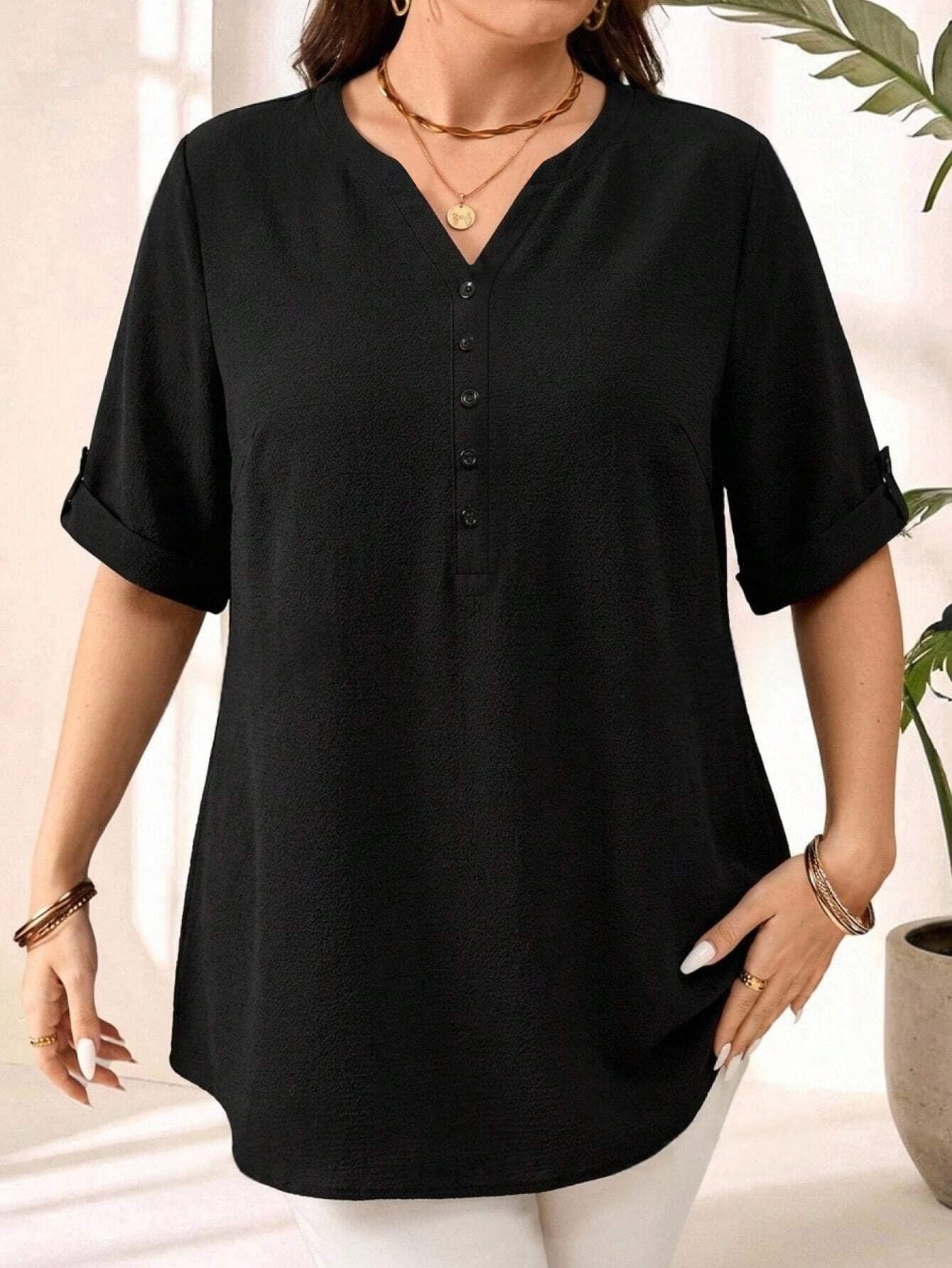 EMERY ROSE Plus Size Women's Solid Color Notched V-Neck Casual Daily Wear Shirt Fall - Black - View 1
