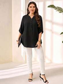 EMERY ROSE Plus Size Women's Solid Color Notched V-Neck Casual Daily Wear Shirt Fall - Black - View 4