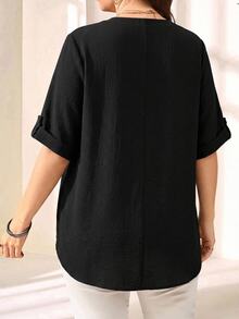 EMERY ROSE Plus Size Women's Solid Color Notched V-Neck Casual Daily Wear Shirt Fall - Black - View 2