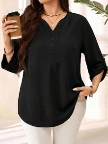EMERY ROSE Plus Size Women's Solid Color Notched V-Neck Casual Daily Wear Shirt Fall - Black - View 6