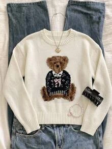Teen Girl Teen Girls Autumn Sweaters Bear Pattern Round Neck White Long Sleeve Knit Cute Sweet Preppy - White - View 3