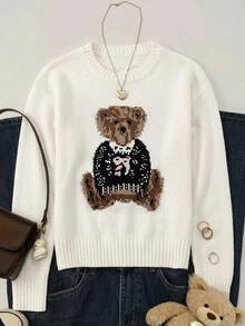 Teen Girl Teen Girls Autumn Sweaters Bear Pattern Round Neck White Long Sleeve Knit Cute Sweet Preppy - White - View 5