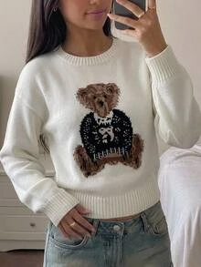 Teen Girl Teen Girls Autumn Sweaters Bear Pattern Round Neck White Long Sleeve Knit Cute Sweet Preppy - White - View 2