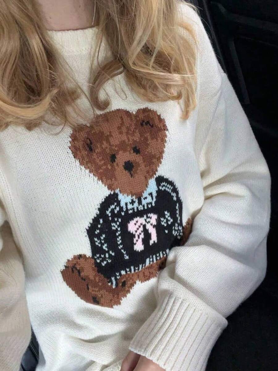 Teen Girl Teen Girls Autumn Sweaters Bear Pattern Round Neck White Long Sleeve Knit Cute Sweet Preppy - White - View 1