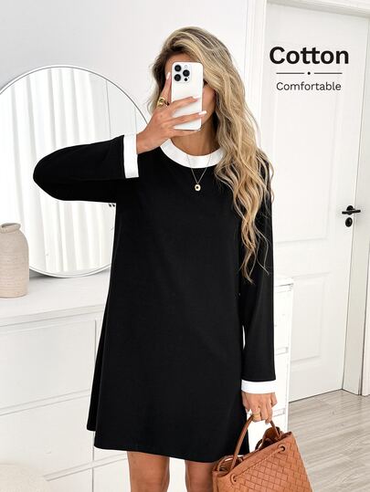 Easowa Women's Colorblock Round Neck Long Sleeve Casual Loose Short Dress Brunch Black And White Autumn