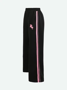 SHEIN 青少年女孩秋冬新款針織黑色純色寬鬆休閒口袋寬腿運動褲 百褶休閒運動長褲 - 黑色 - 查看 6