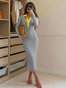 Easowa Women's Casual Commute Brunch Light Yellow Front Button Bodycon Dress Autumn - Multicolor - View 3