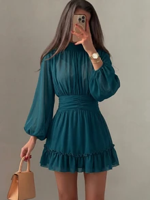 Amorya Women's Solid Color Stand Collar Long Sleeve Ruffle Hem Fashion Mini Dress Green Dress Ruffle Dress Birthday Dress Festival Outfit Women - Green - View 2