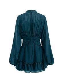 Amorya Women's Solid Color Stand Collar Long Sleeve Ruffle Hem Fashion Mini Dress Green Dress Ruffle Dress Birthday Dress Festival Outfit Women - Green - View 6
