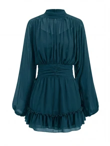 Amorya Women's Solid Color Stand Collar Long Sleeve Ruffle Hem Fashion Mini Dress Green Dress Ruffle Dress Birthday Dress Festival Outfit Women - Green - View 5
