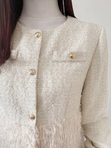 FRIFUL Women's Solid Color Long Sleeve Tassel Hem Elegant French Regular Fit Jacket Office High Tea Date Cream White Autumn Cute Tops - White - View 5