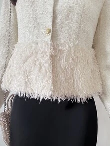 FRIFUL Women's Solid Color Long Sleeve Tassel Hem Elegant French Regular Fit Jacket Office High Tea Date Cream White Autumn Cute Tops - White - View 6